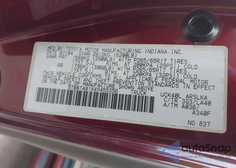 2004 Toyota Tundra Ltd V8 из США, поврежденный, VIN 5TBBT481X4S455356